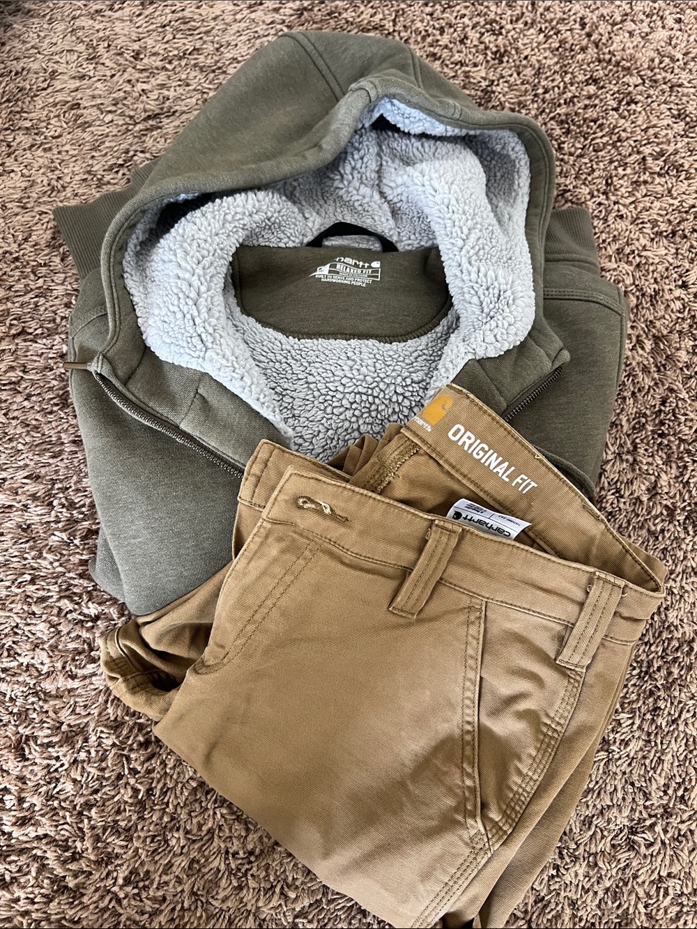 Carhartt Olive Green Sherpa Hoodie with Khaki Pants